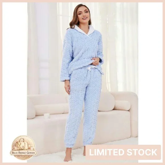 Fluffy Fleece Pajama Set Soft Plush Sleepwear Winter Loungewear Cozy Chic